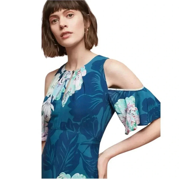 ANTHROPOLOGIE MAEVE | Elia Floral Open - Shoulder Dark Turquoise Dress Size 8 - Picture 4 of 13